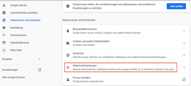 Chrome Website-Einstellungen