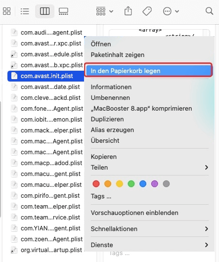 plist.-Datei in den Papierkorb legen
