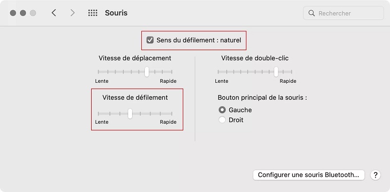 la vitesse de défilement de la souris