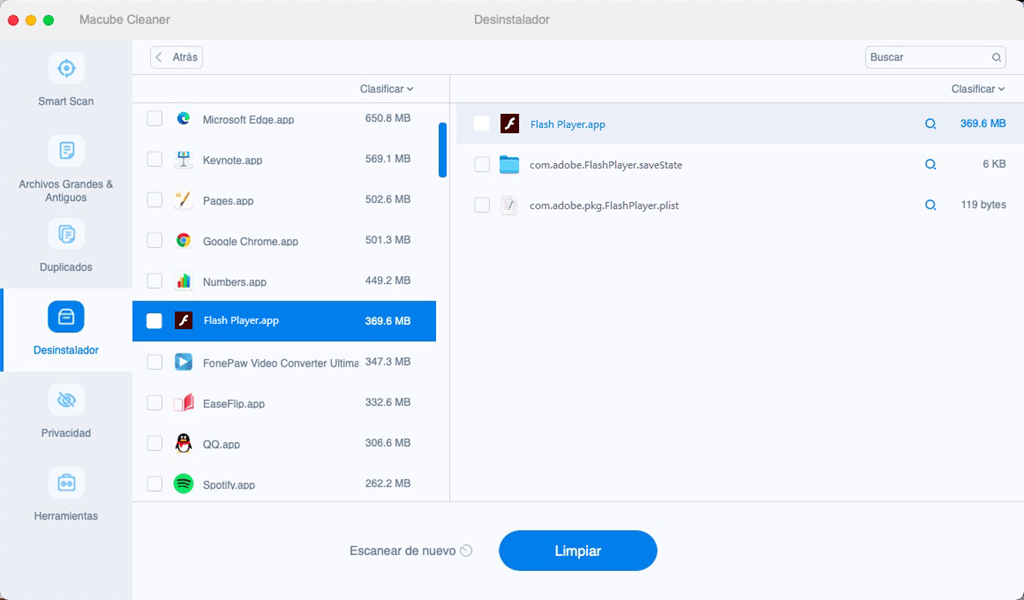 Desinstalar Flash Player en Desinstalador de Macube