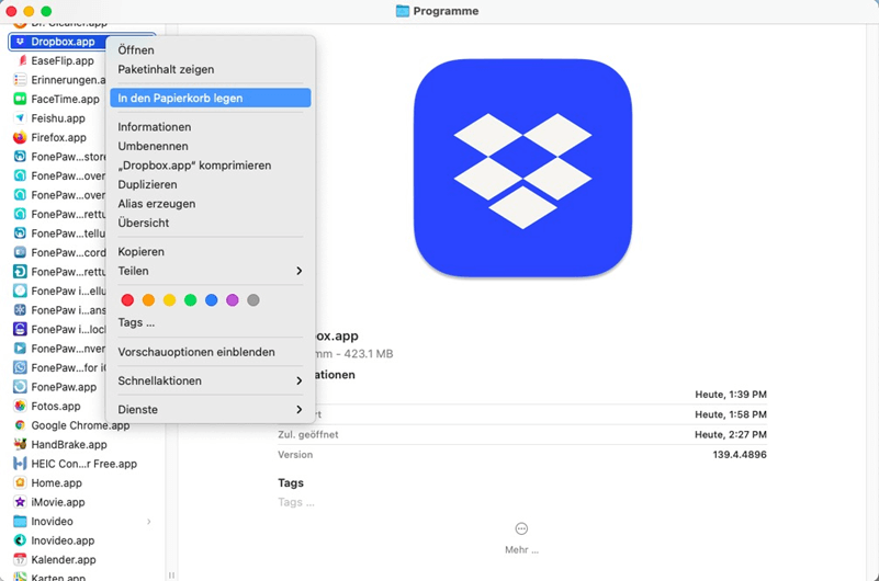 Dropbox in den Papierkorb legen