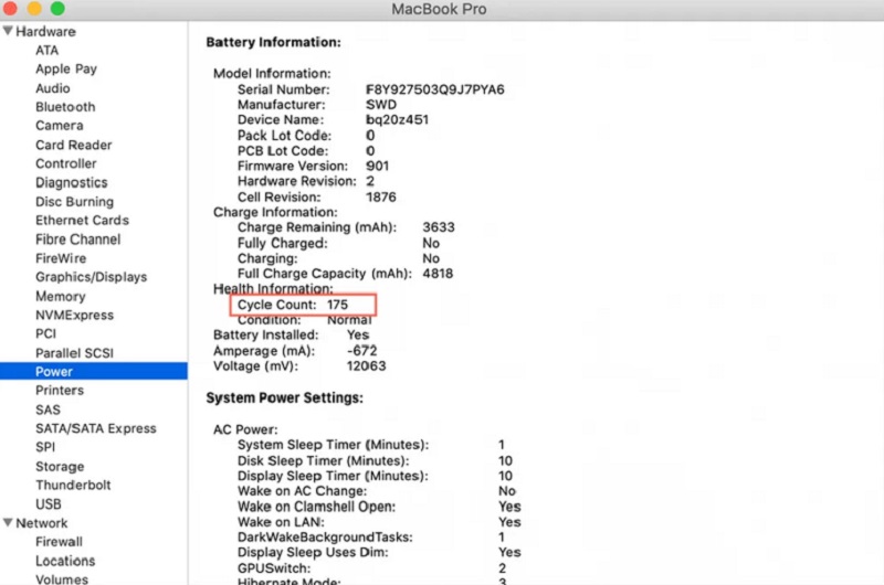 nombre de cycles de charge mac