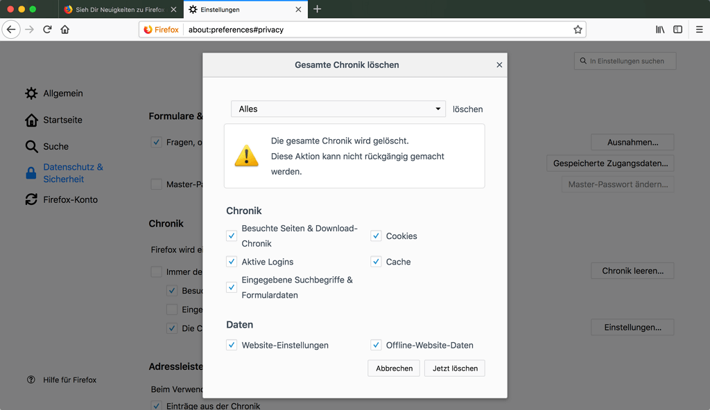 Firefox-Verlauf löschen Mac