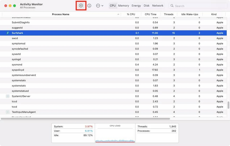 Проверка процессов | Откройте «Использовать диспетчер задач Mac».