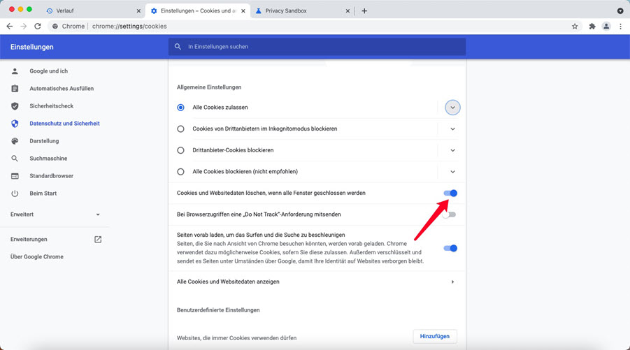 Chrome Cookies automatisch löschen nach Surfen