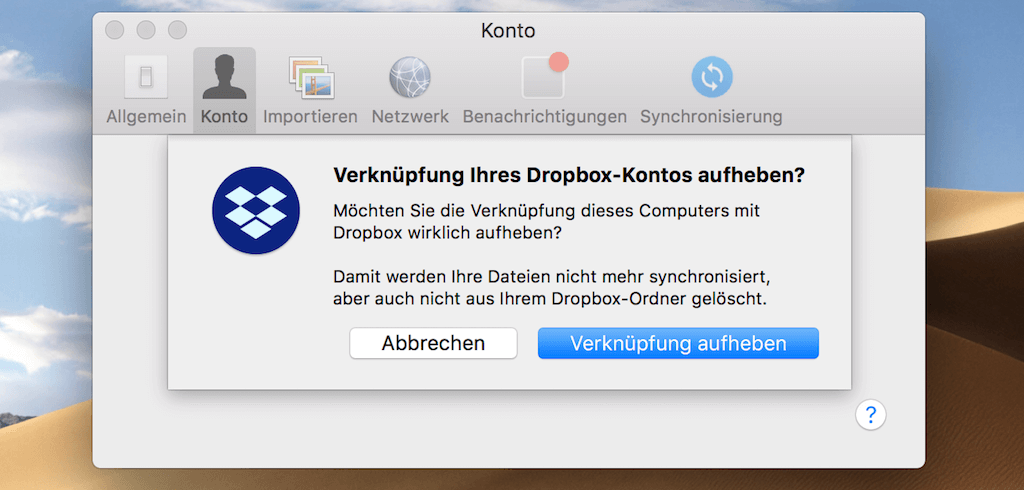 Verknüpfung mit dieser Dropbox aufheben