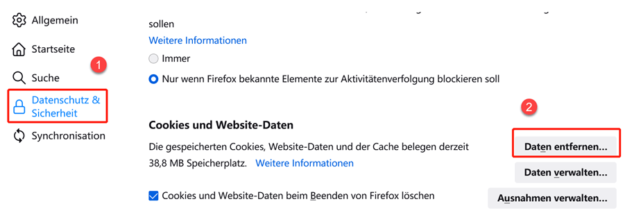 gehen zu Firefox Cookies zum Leeren