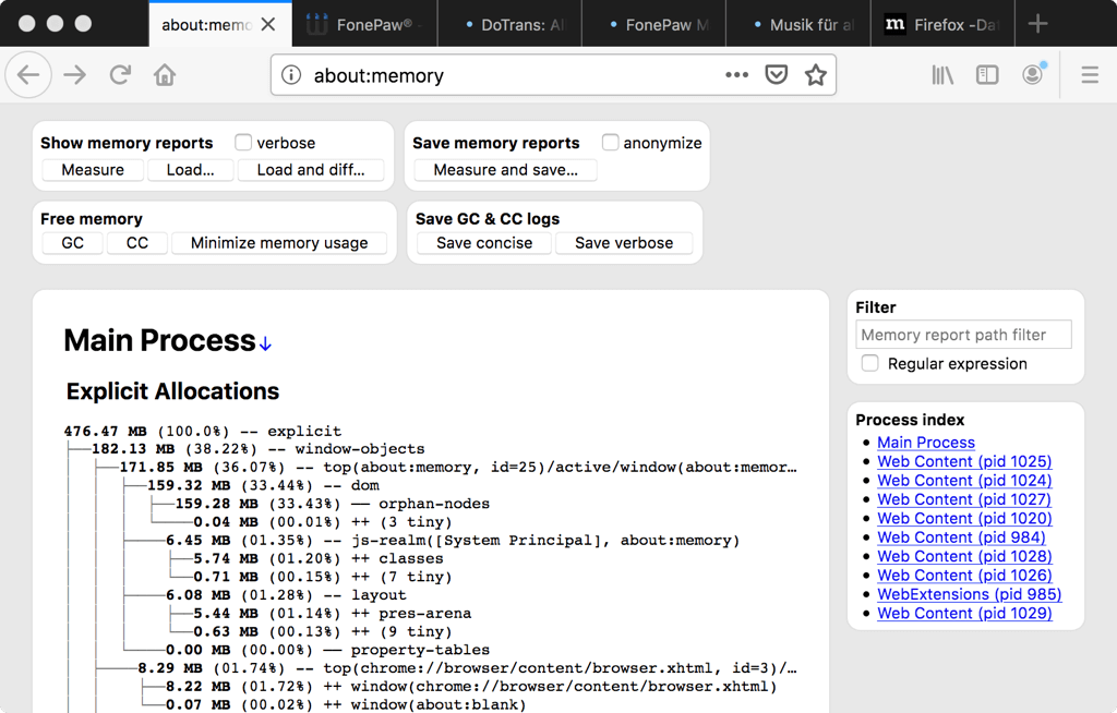 Mac Firefox Show memory reports