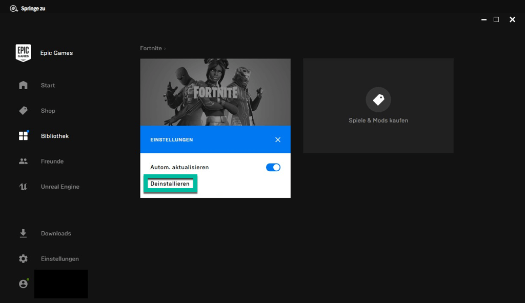 Fortnite deinstallieren in Epic Game Launcher