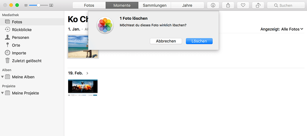 Mac Foto mit Tastenkombination löschen