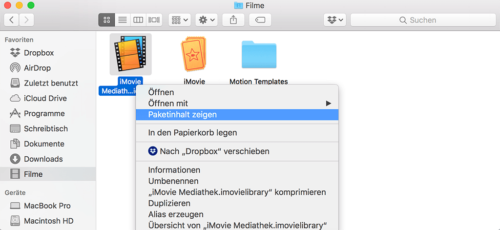 iMovie-Paketinhalt zeigen
