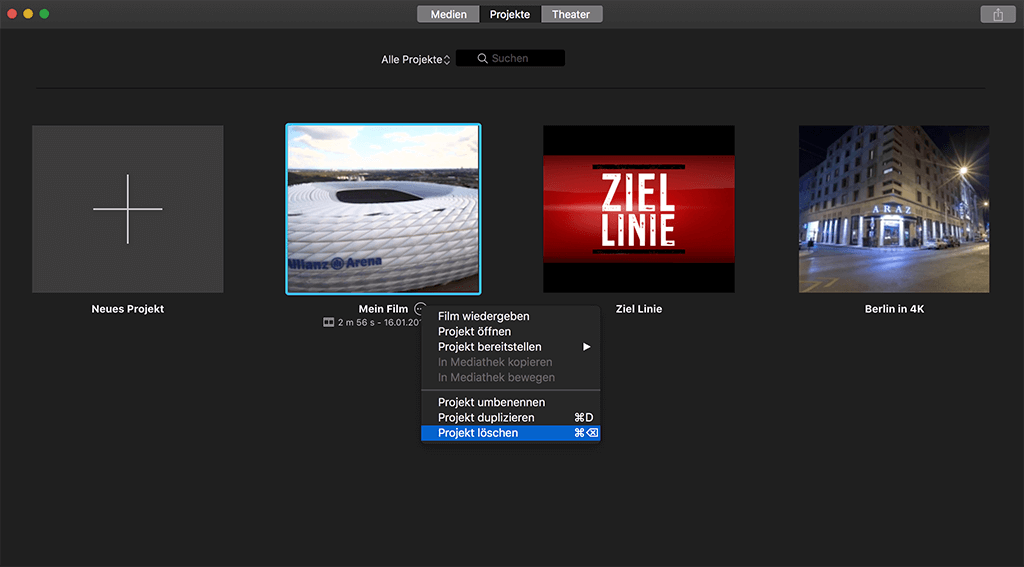 iMovie-Projekt löschen