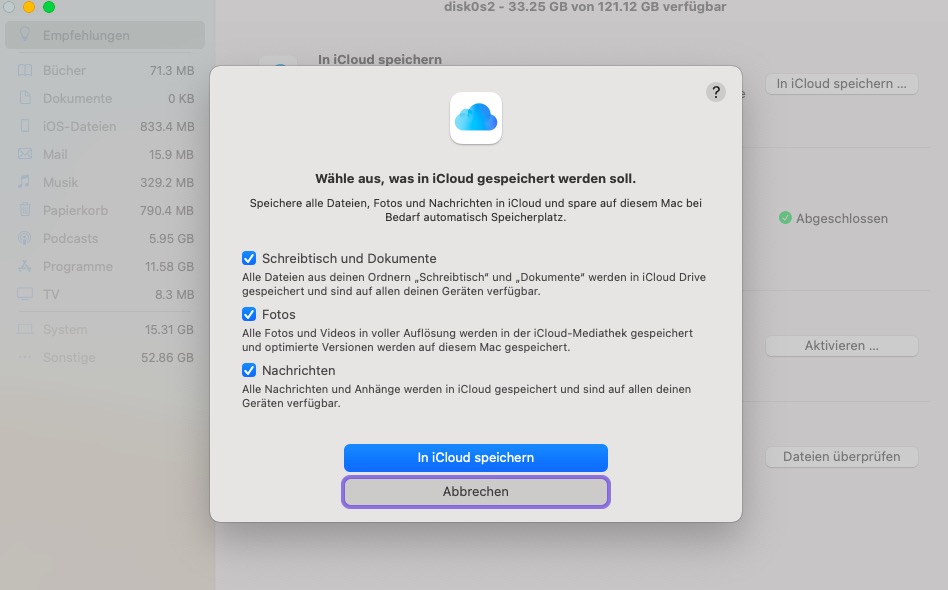 „in iCloud Speichern“ Funktion aktivieren