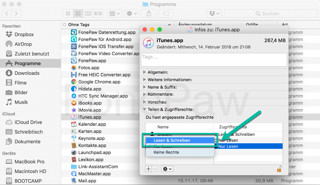 iTunes deinstallieren über Zugriffsrechte