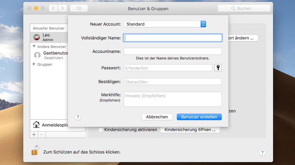 Mac neuen Benutzer-Account einrichten