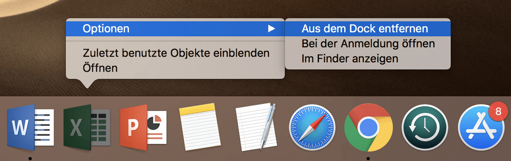 Office Apps aus dem Dock entfernen