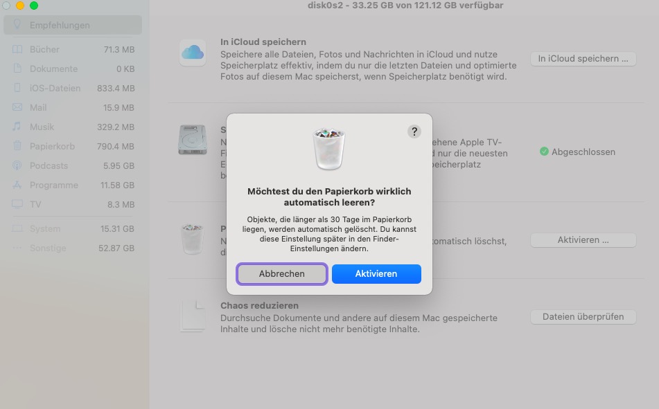 Papierkorb automatisch leeren