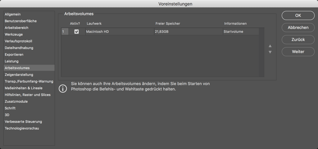 Photoshop Arbeitsvolumes Voreinstellungen