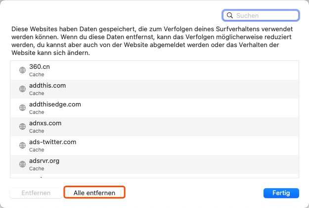 Safari Cookies wählen und entfernen
