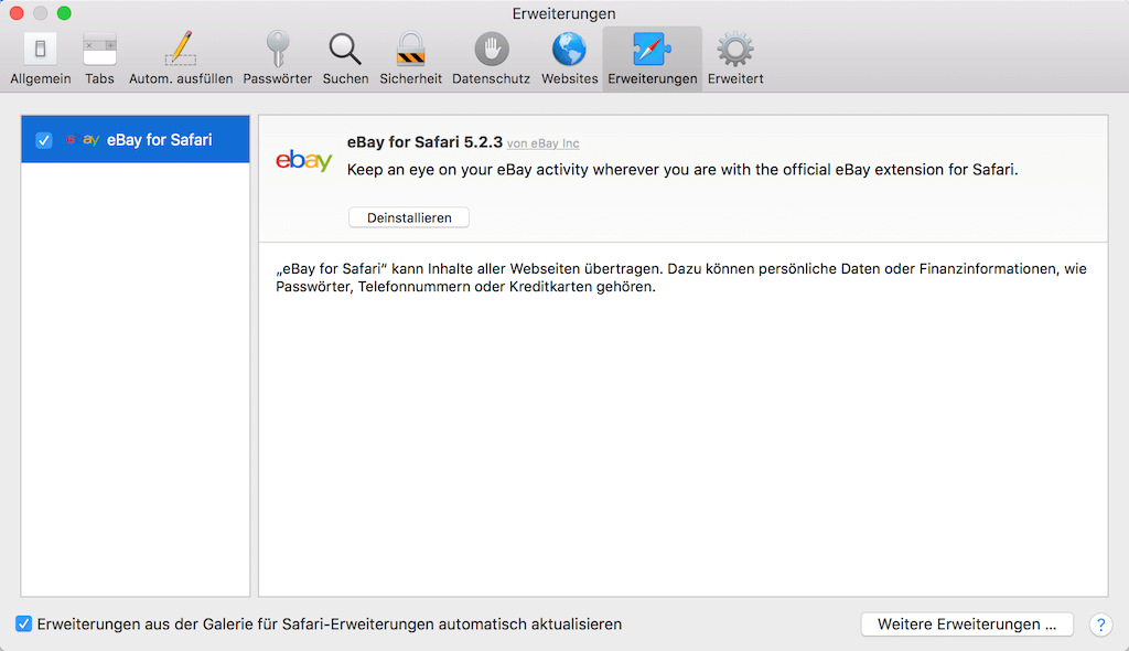 Safari-Erweiterungen direkt entfernen