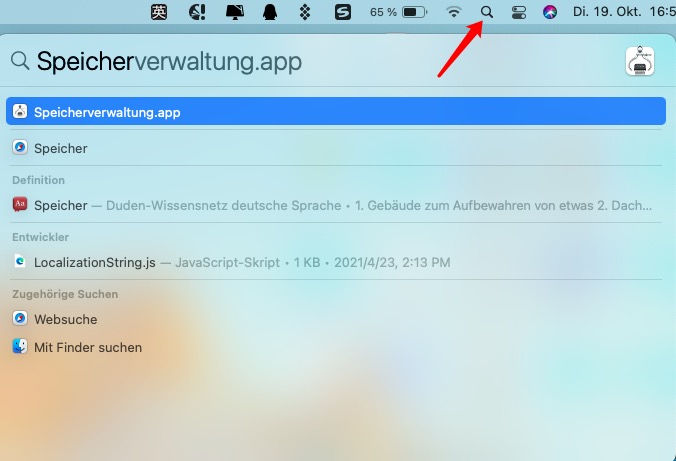 Mac-Speicherverwaltung in der Suche öffnen