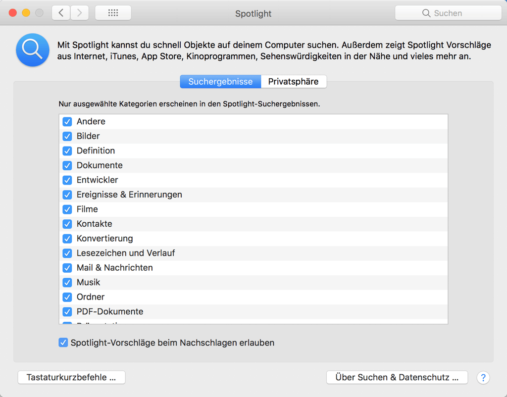 Spotlight Suchergebnisse Kategorien auswählen