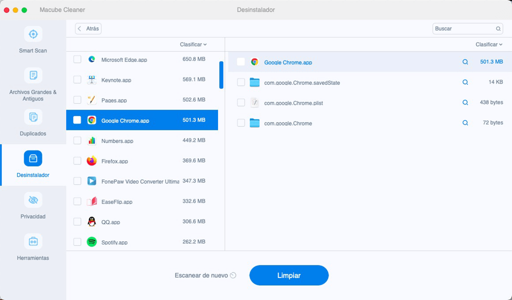 Eliminar las aplicaciones en Desinstalador de Macube