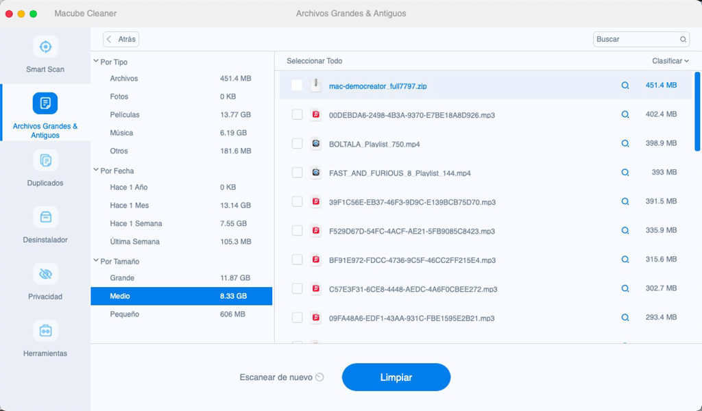 Eliminar los archivos grandes y antiguos en Mac