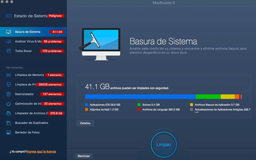Interfaz de MacBooster