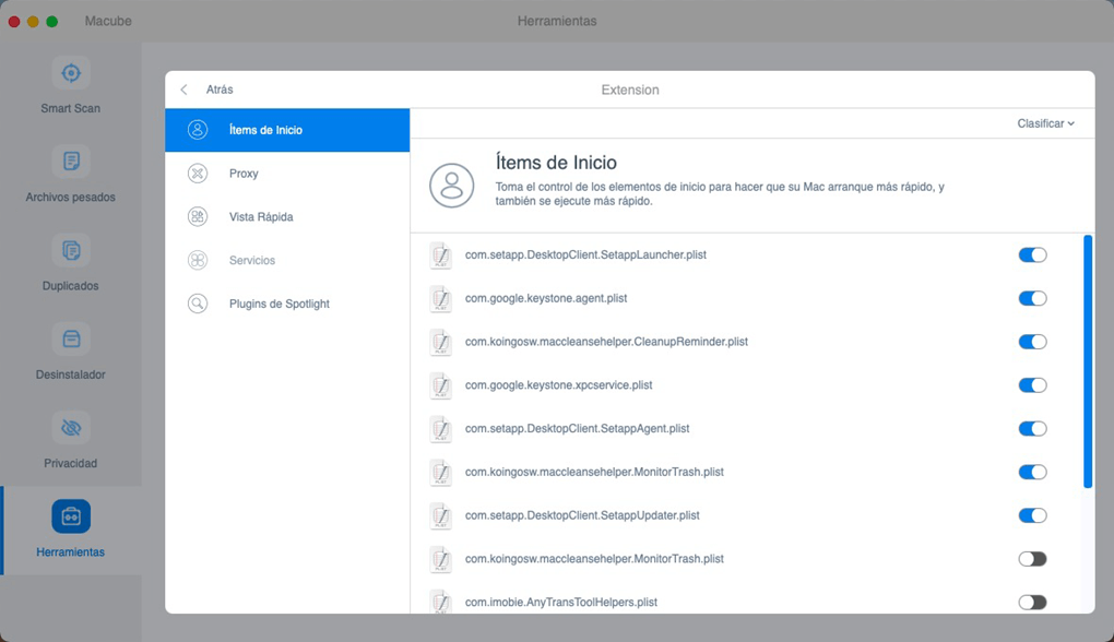 Administrar ítems de Inicio en Macube