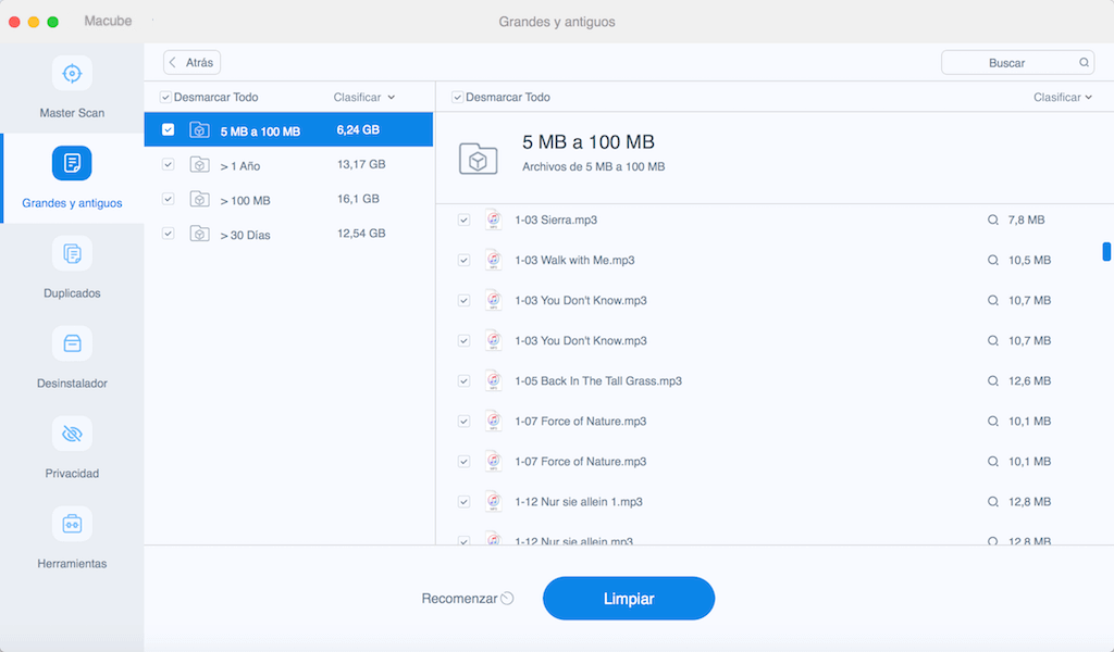 Limpiar archivos grandes y antiguos de Mac