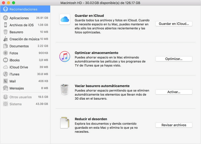 Administrar el almacenamiento de espacio de Mac