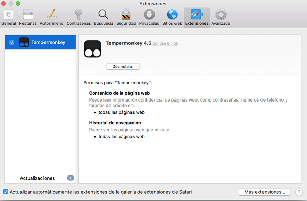 Desinstalar las extensiones de Safari