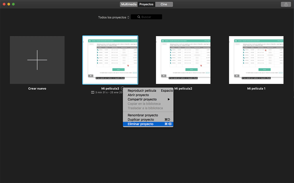 Eliminar los proyectos de iMovie