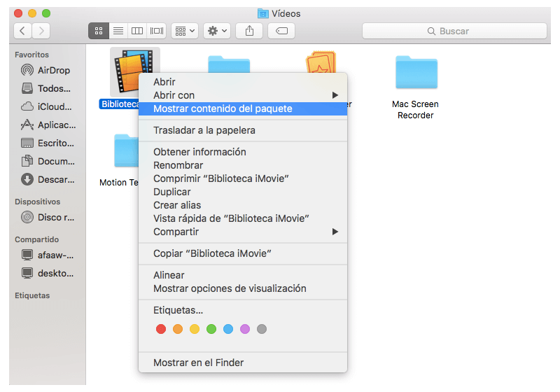 Mostrar contenido de paquete de iMovies