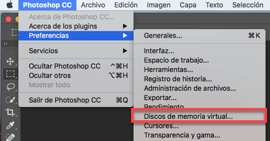 Ir a Preferencia de Disco de memoria virtural