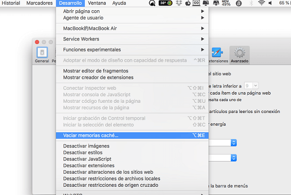 Vaciar Caches em el menú Desarrollo