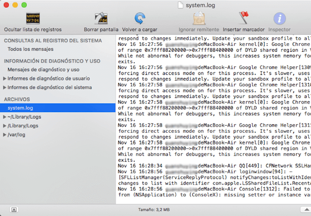 ver registro de sistema de Mac por consola