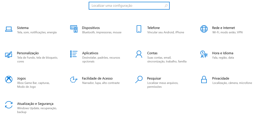 painel de configurações