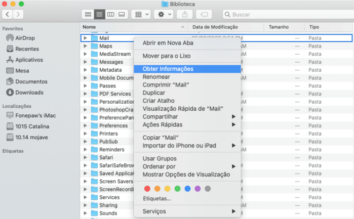 quanto espaco mail ocupa no mac
