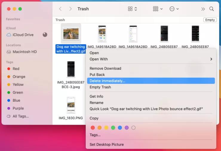 удалить один элемент из корзины | безопасно очистить мусор на Mac