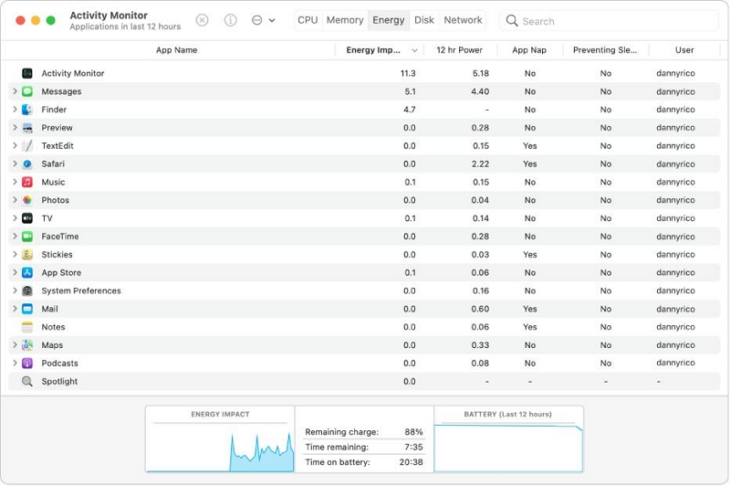 macOS タスク マネージャーでエネルギー使用量を確認する |  「Mac タスク マネージャーを使用する」を開く