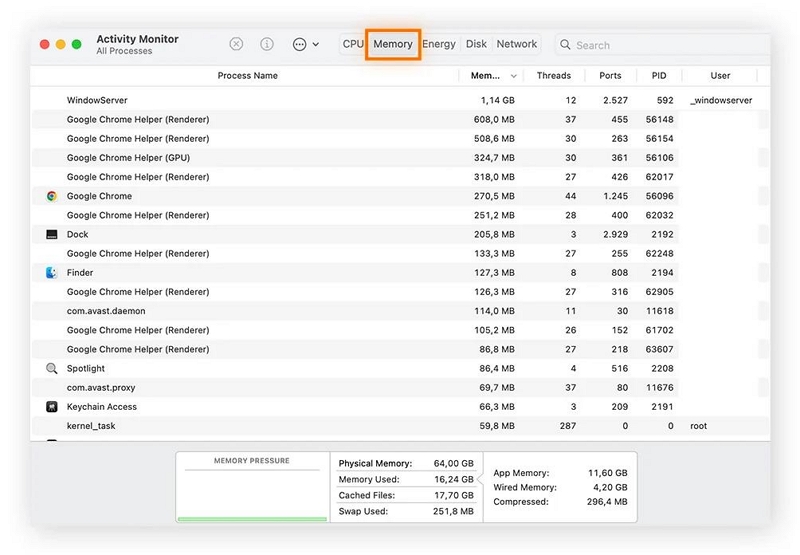 RAM-Nutzung prüfen | Öffnen Sie „Mac Task-Manager verwenden“.