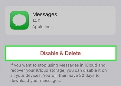 appuyez sur désactiver et supprimer | supprimer les messages iCloud