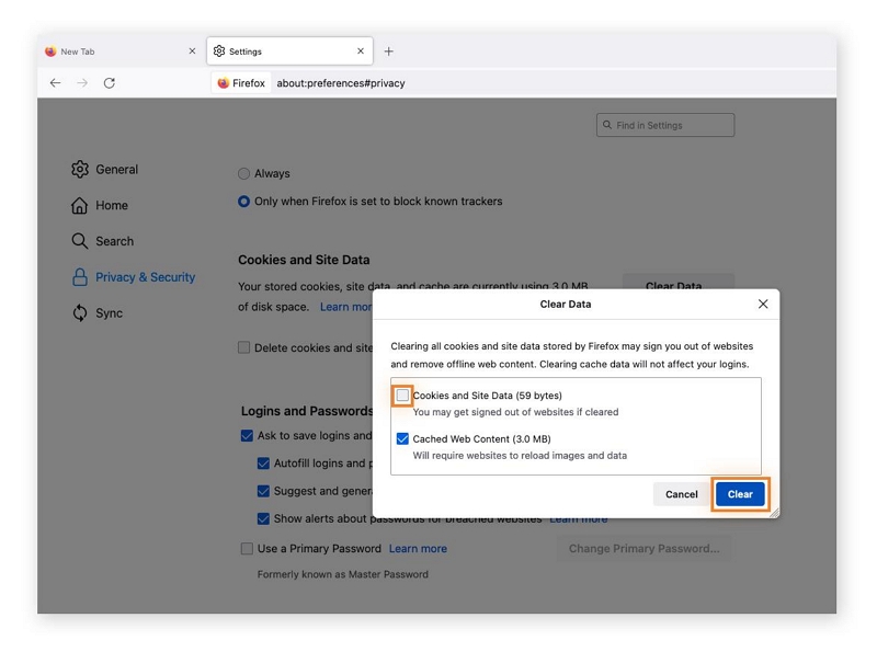 кэш Firefox | очистить пространство на Mac