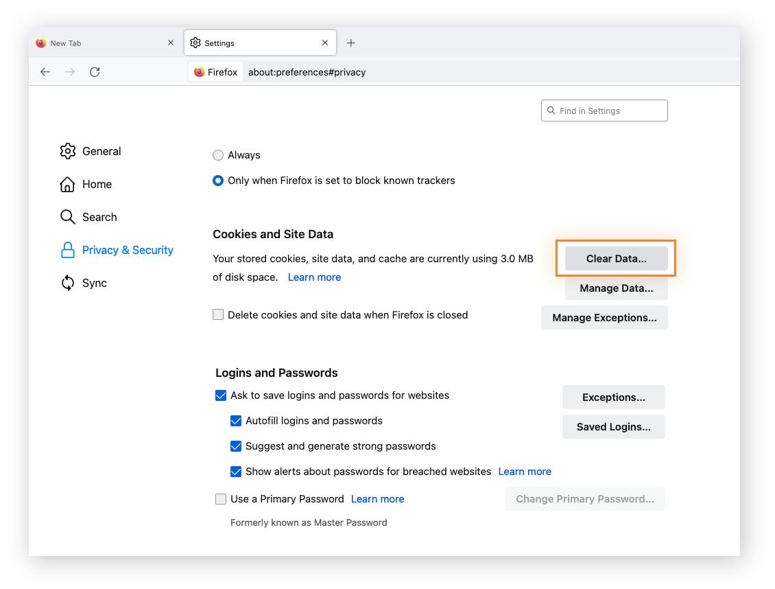 Datos del sitio de cookies | Eliminar cachés y cookies de Firefox en Mac