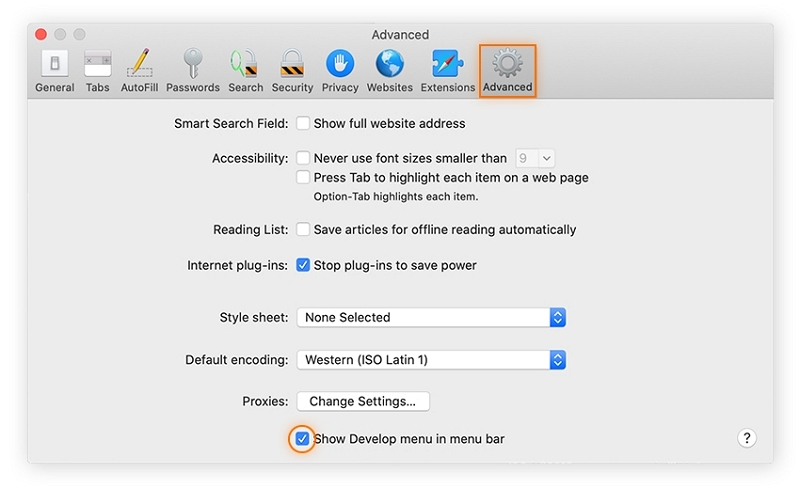Show Develop menu in the menu bar | Clear RAM Cache on Mac