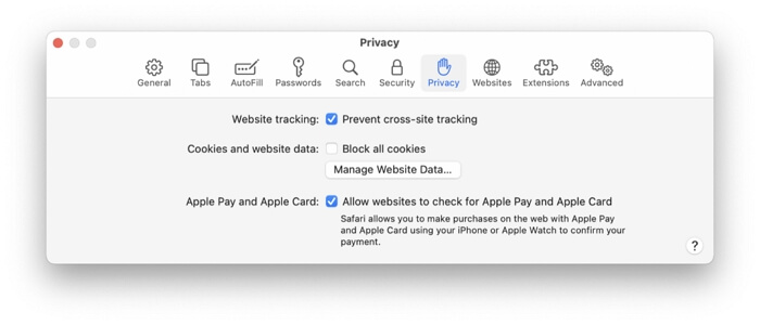 нажмите «Управление данными веб-сайта» | очистить файлы cookie в Safari на Mac