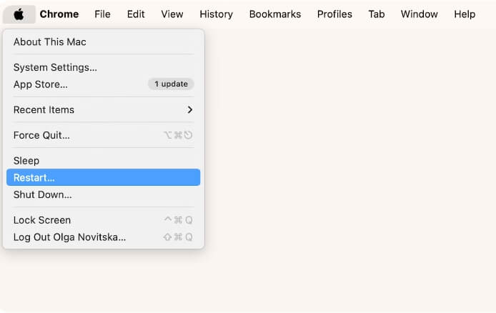 click Restart in Apple Menu | Remove Purgeable Space Mac