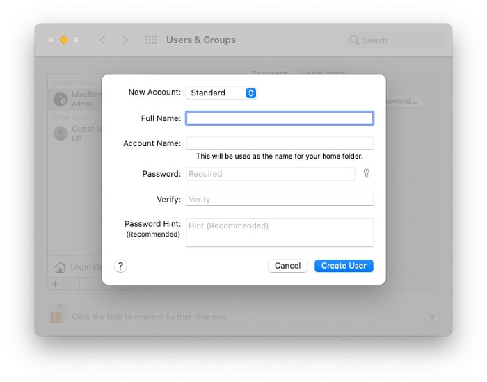Создать новую учетную запись пользователя Mac | Удаление других томов в контейнере на Mac
